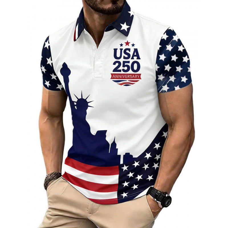 Fashion New Paint Stroke US Flag Print Men Patriotic Golf Short Sleeve Polo Shirt